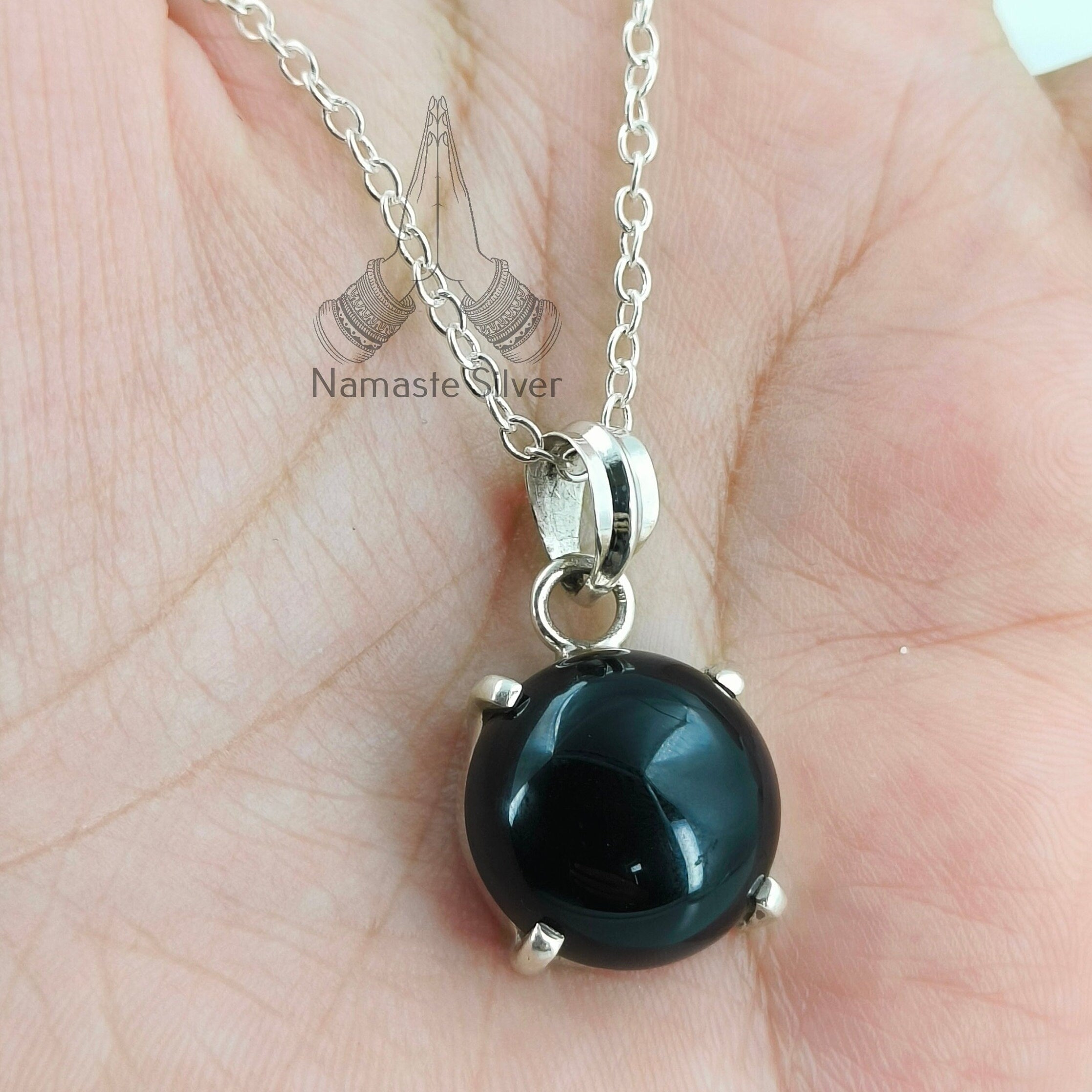 Natural Black Onyx Round 925 Sterling Silver Handmade Pendant Chain Necklace Boho Gemstone Jewelry Gift for her Birthday Anniversary