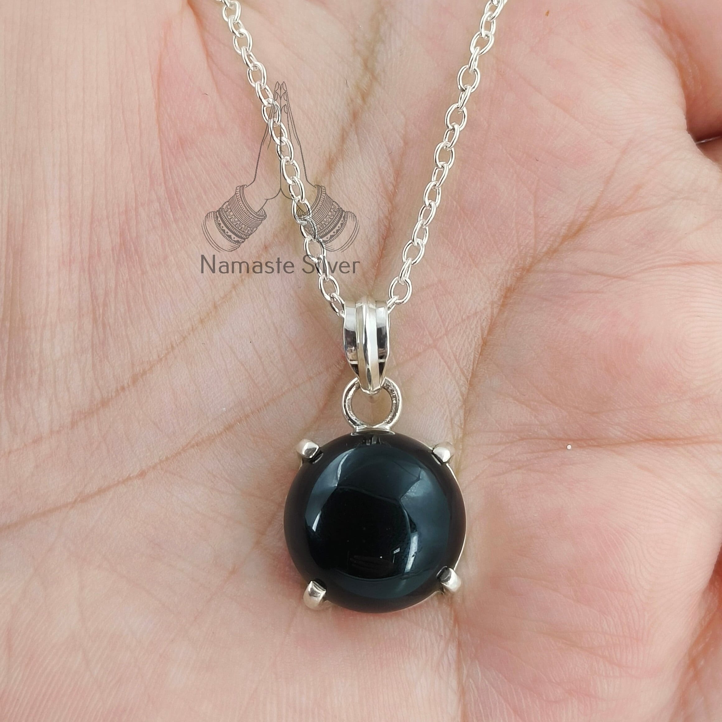 Natural Black Onyx Round 925 Sterling Silver Handmade Pendant Chain Necklace Boho Gemstone Jewelry Gift for her Birthday Anniversary