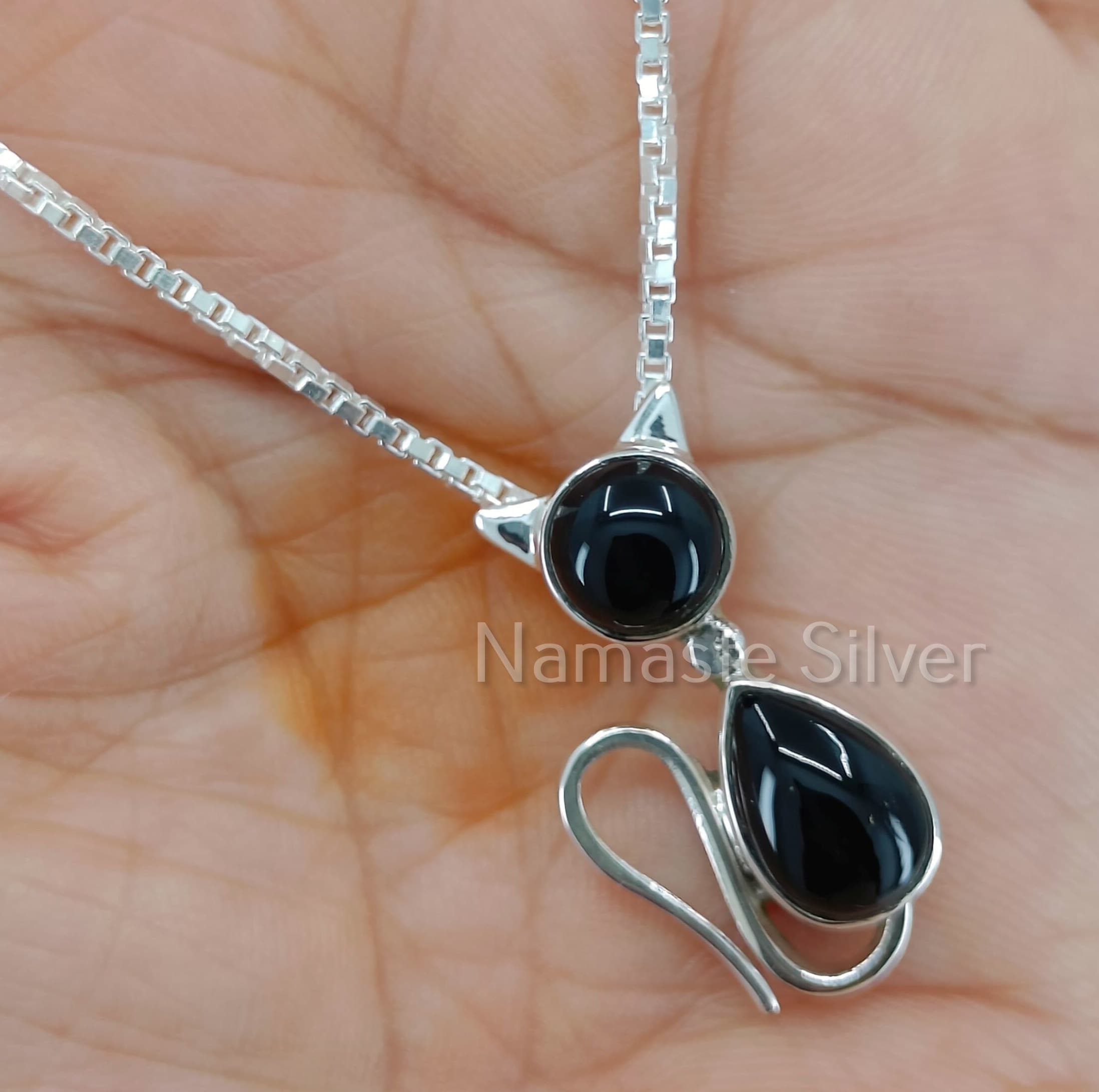 Black Onyx Silver Cat Necklace, 925 Sterling Silver Handmade Cat Pendant Chain, Black Gemstone Animal locket, Gift for Her Birthday