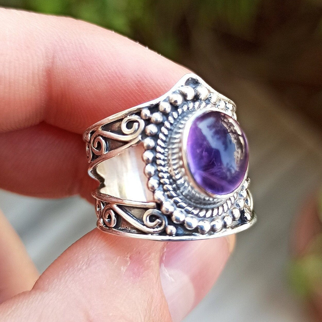 Amethyst Silver Ring Handmade Statement Boho Purple Gemstone Jewelry Gift for Her Birthday Anniversary Christmas Valentine's Mother's Day