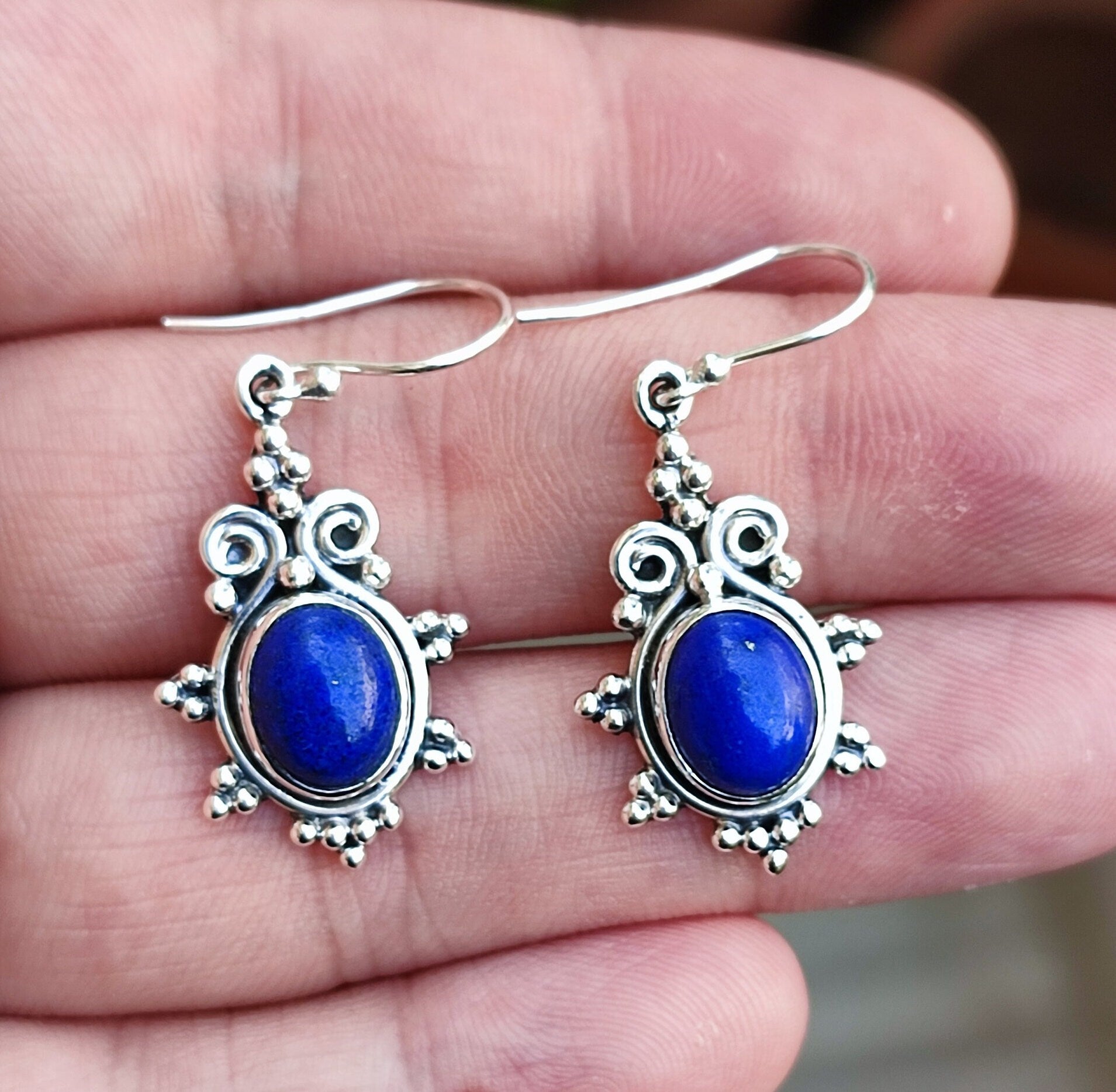 Lapis Lazuli Oval Sterling Silver Dangle Earrings Handmade Natural Gemstone Boho Jewelry Gift for Her Birthday Anniversary Valentine's Day