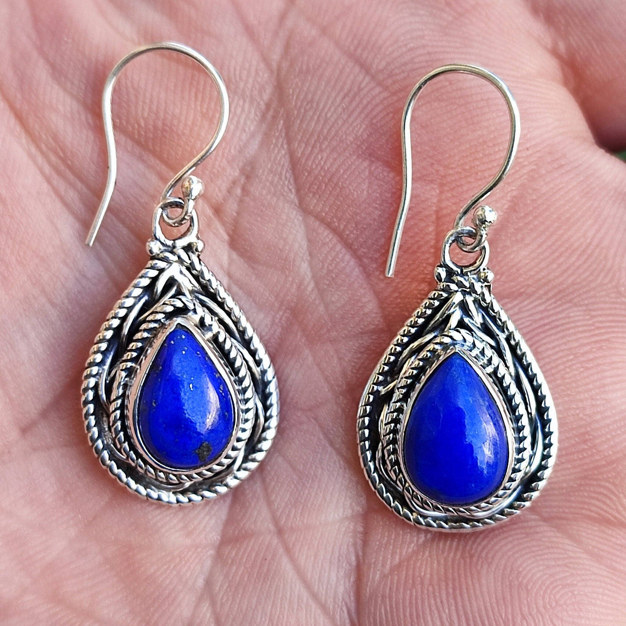 Lapis Lazuli Sterling Silver Handmade Dangle Earrings Pearshape Gemstone Boho Jewelry Gift for Her Birthday Anniversary Valentine Mother Day