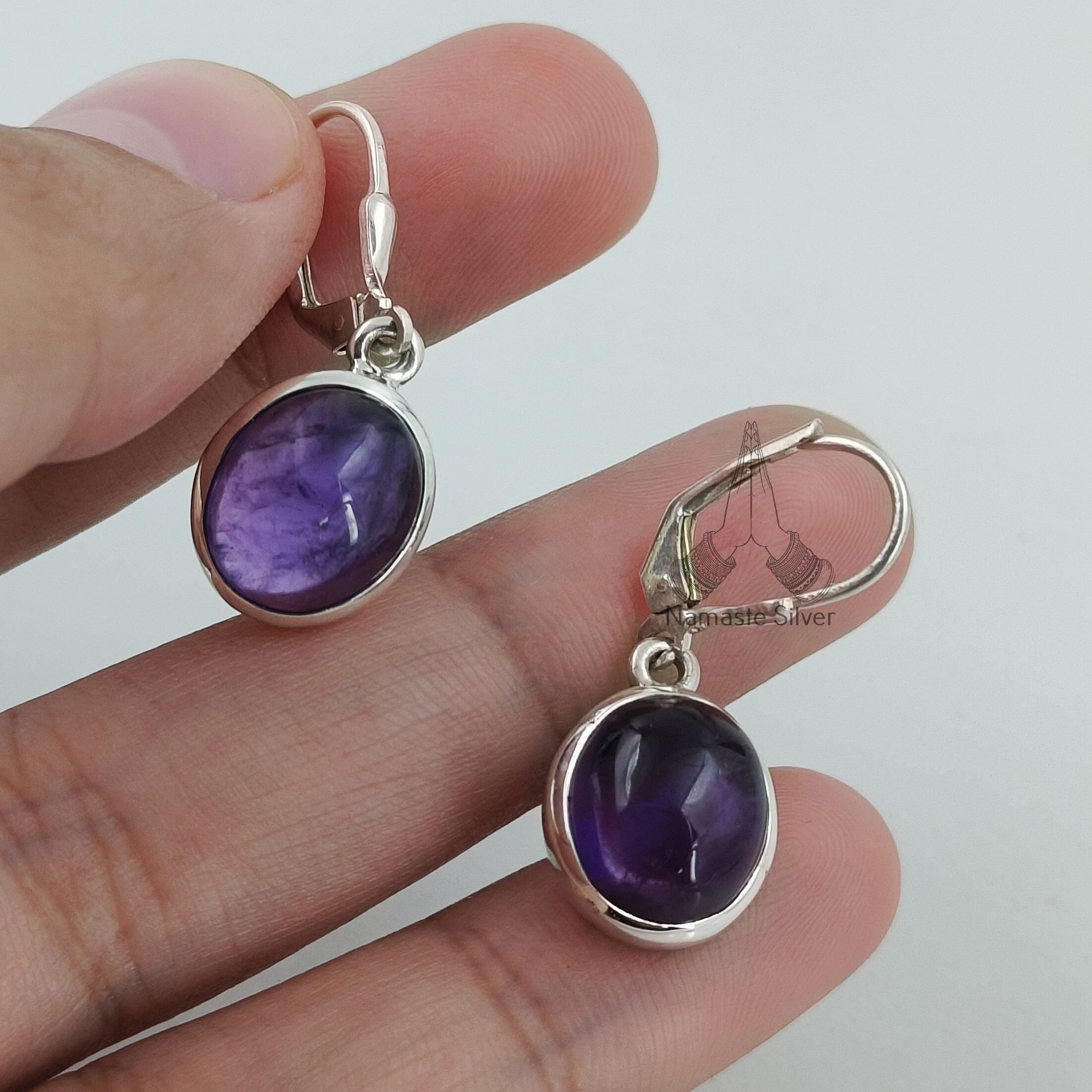 Amethyst Oval Silver Dangle Earrings Gemstone Handmade Jewelry Gift for her Christmas Valentine Birthday Anniversary