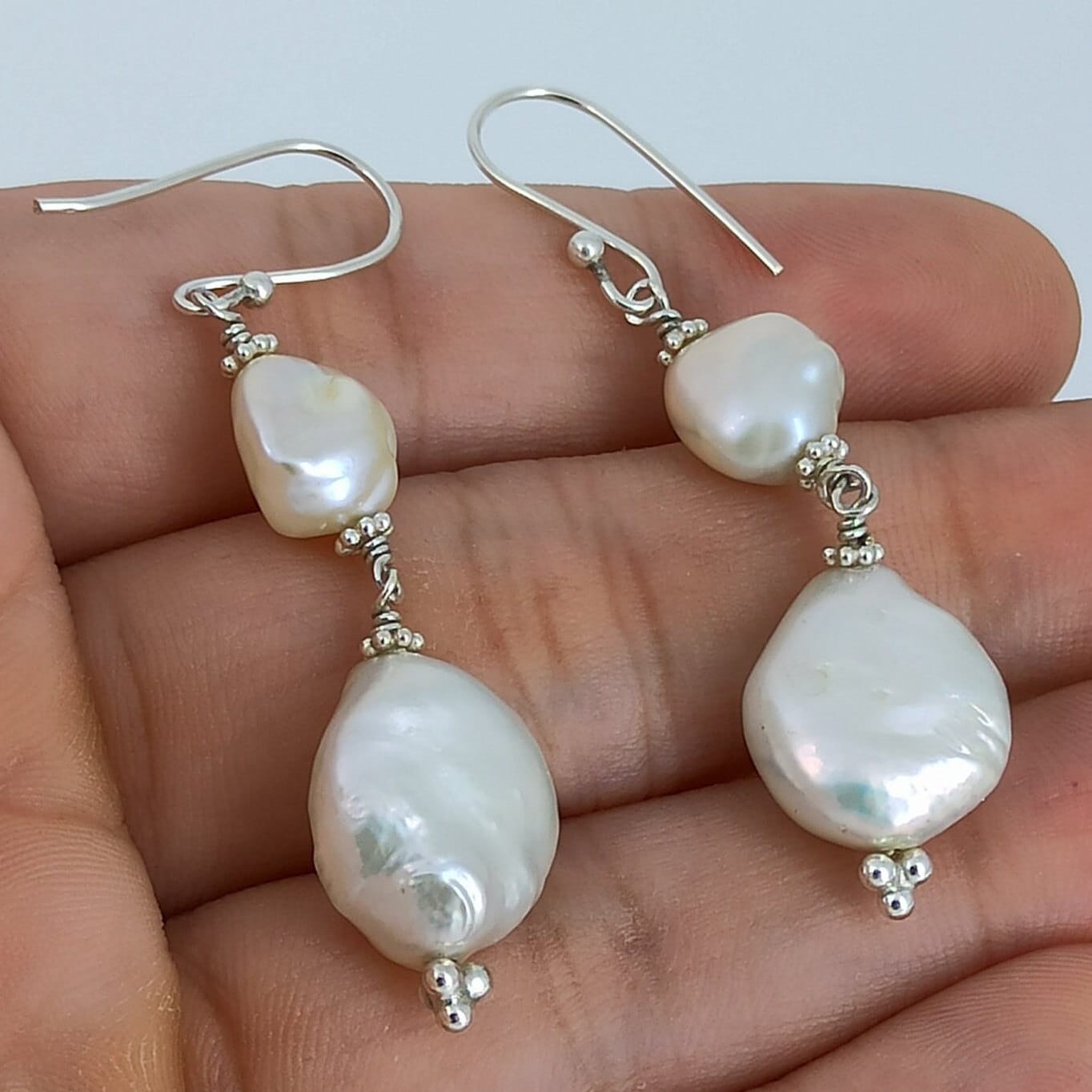 Baroque Pearl Sterling Silver Dangle Earrings Handmade Boho Jewelry Gift for her Birthday Anniversary Christmas Valentine's Day