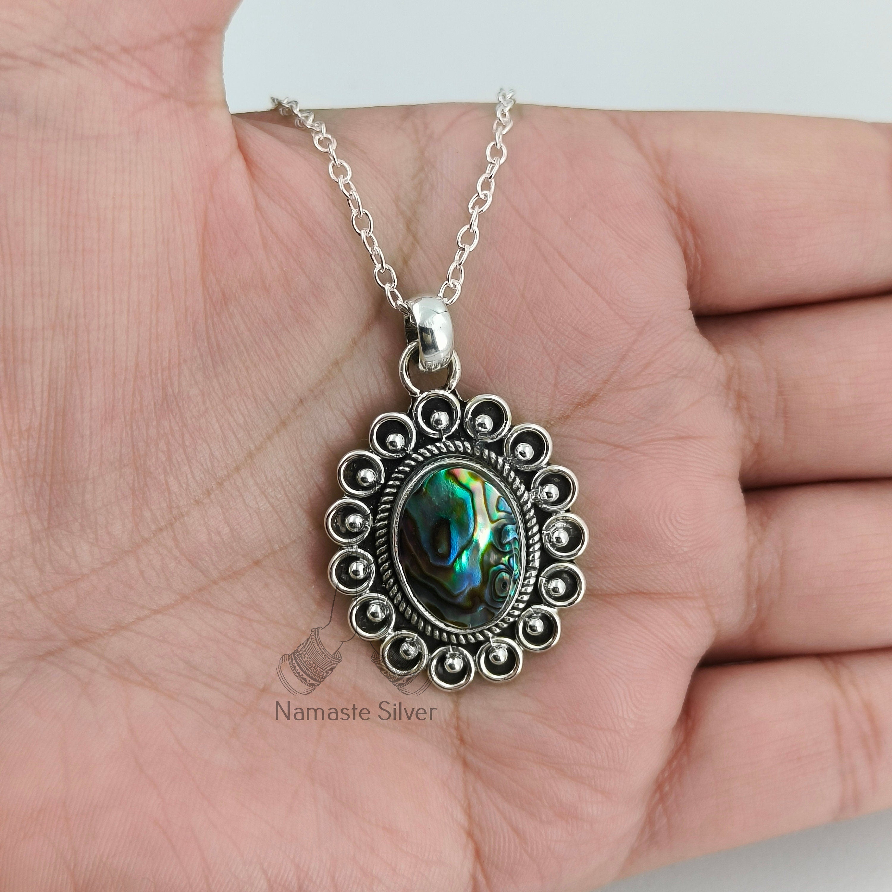 Abalone Shell Sterling Silver Necklace, Paua shell necklace, Abalone Necklace, Blue Paua Shell Pendant Necklace Gift for Her