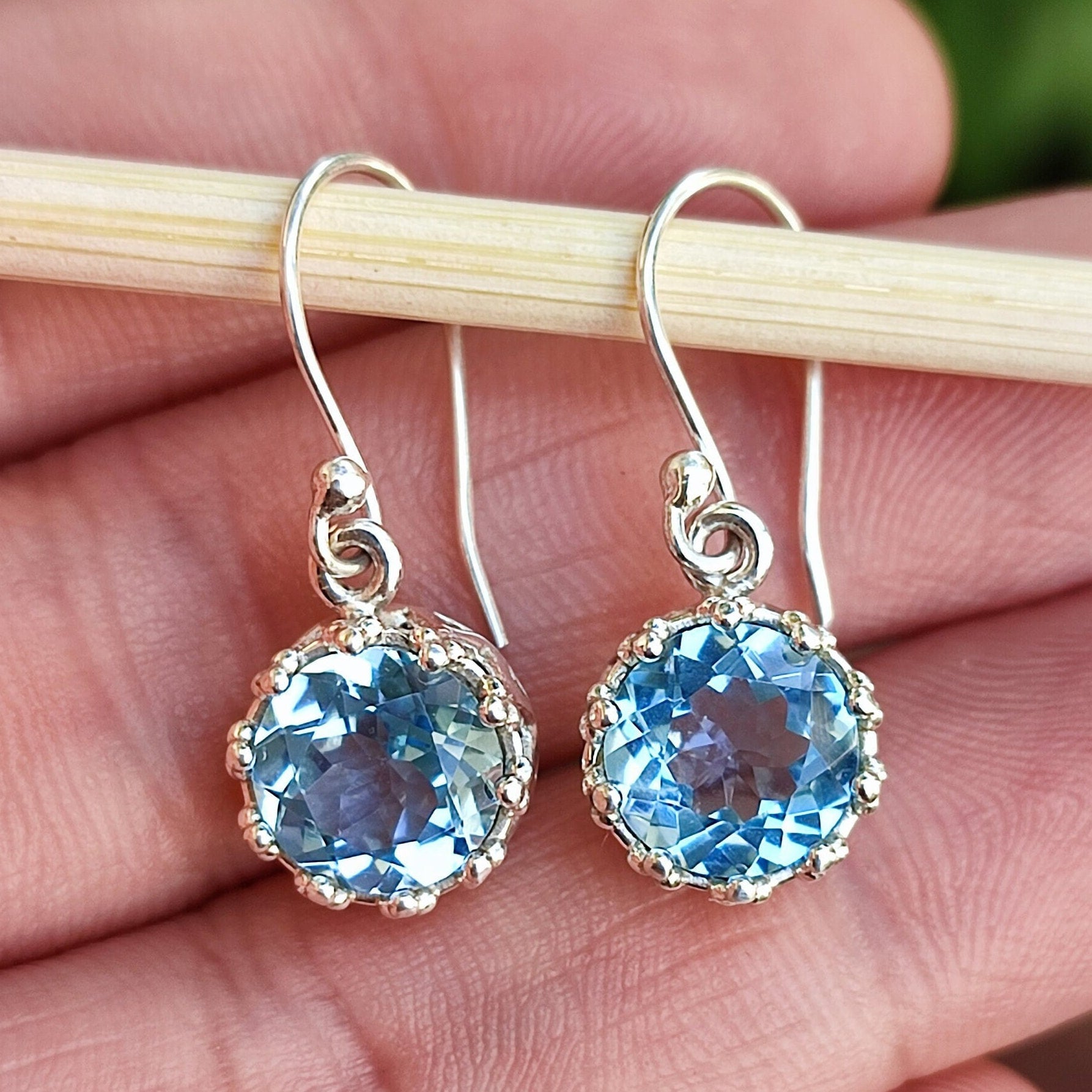 Blue Topaz Earrings, 925 Sterling Silver Handmade Dangle Earrings, Natural Gemstone Round Jewelry, December Birthstone, Gift for her