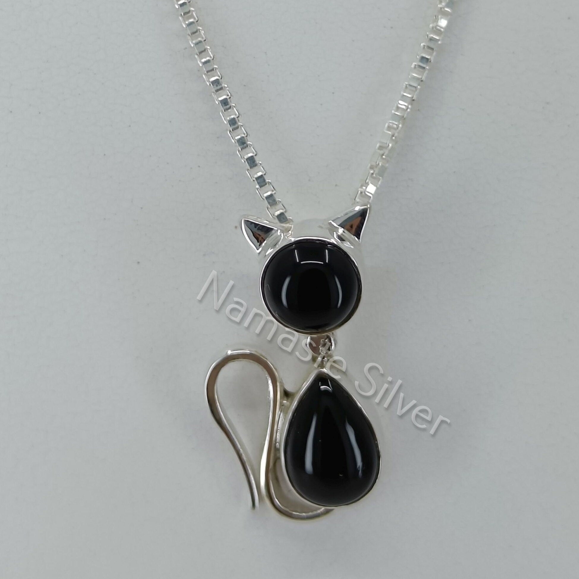 Black Onyx Silver Cat Necklace, 925 Sterling Silver Handmade Cat Pendant Chain, Black Gemstone Animal locket, Gift for Her Birthday