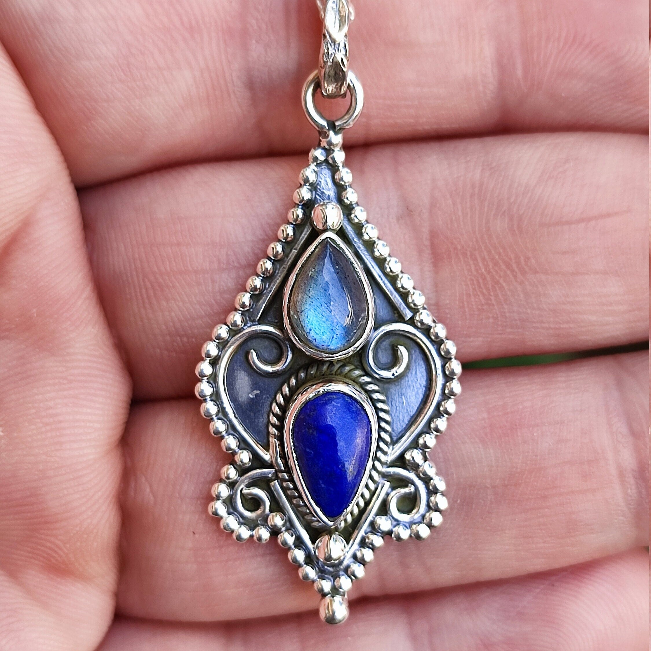 Labradorite Lapis Lazuli Necklace – 925 Sterling Silver Handmade Jewelry - Unique Gift for Her, Birthday, Anniversary, Valentine's, Day