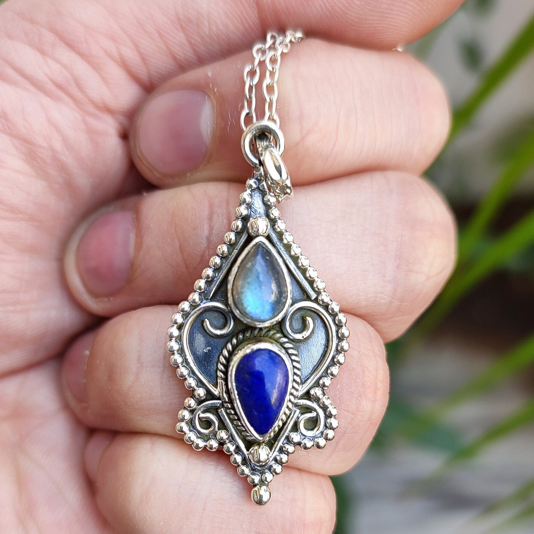 Labradorite Lapis Lazuli Necklace – 925 Sterling Silver Handmade Jewelry - Unique Gift for Her, Birthday, Anniversary, Valentine's, Day