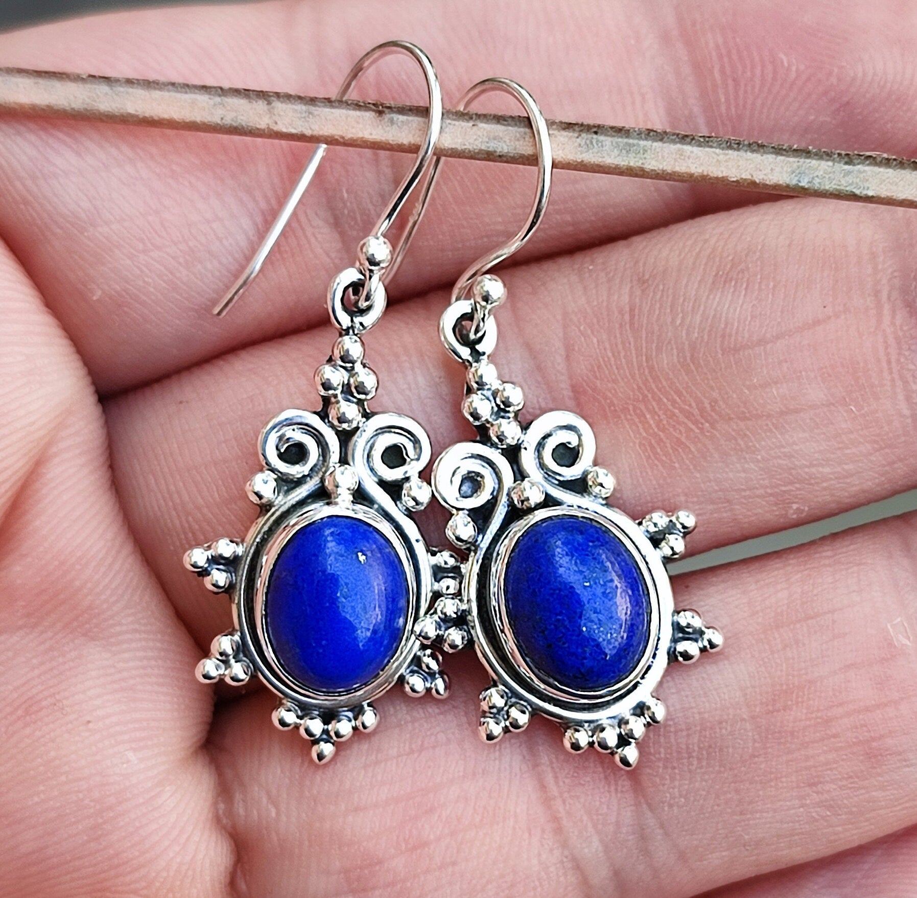 Lapis Lazuli Oval Sterling Silver Dangle Earrings Handmade Natural Gemstone Boho Jewelry Gift for Her Birthday Anniversary Valentine's Day