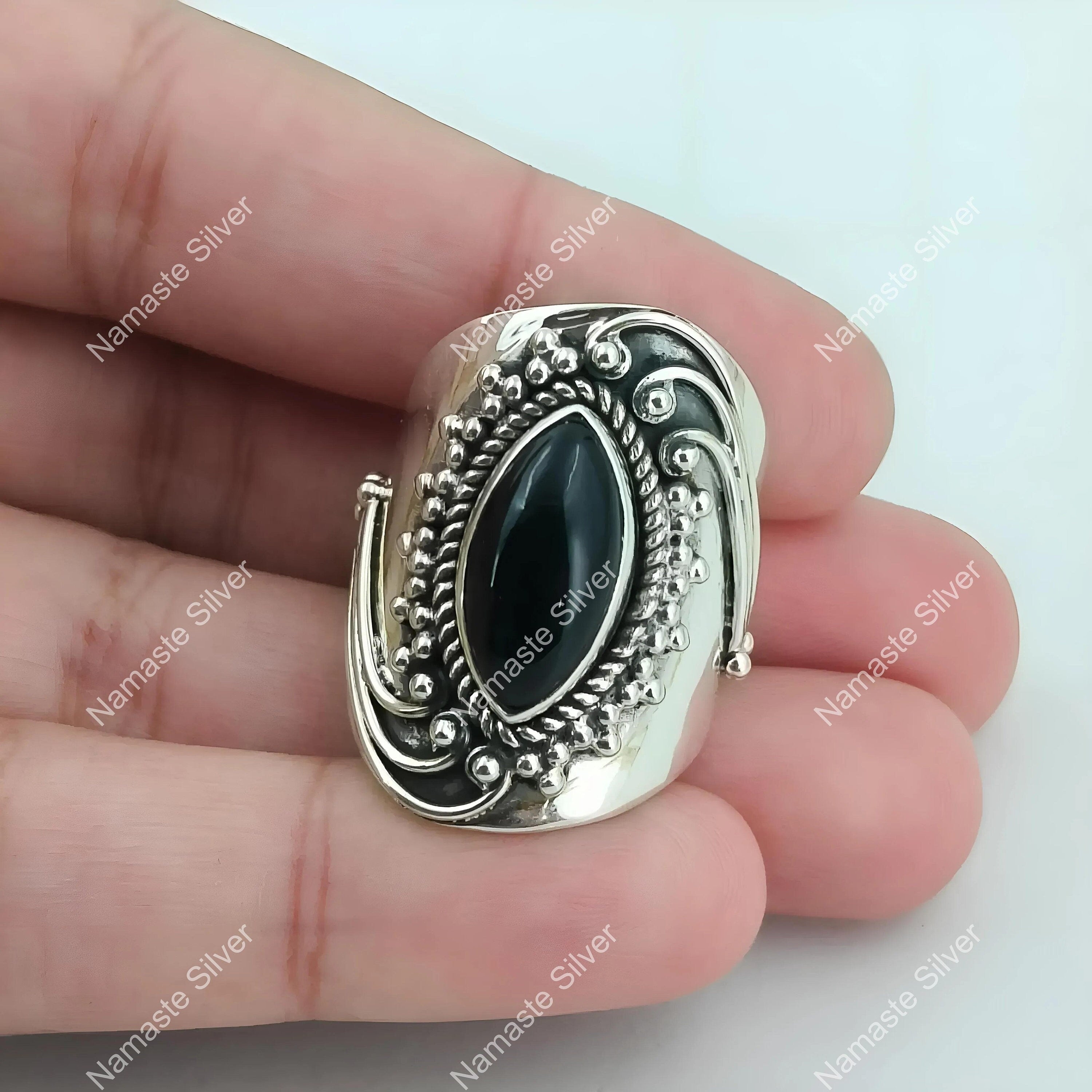 Black Onyx Ring - Black Onyx Silver Ring - Handmade Statement Boho Ring - 925 Sterling Silver Jewelry - Gift for her - Marquise Gemstone