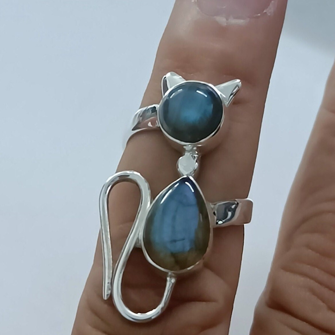 Natural Labradorite 925 Sterling Silver Handmade Gemstone Cat Ring for Women, Gift for her,