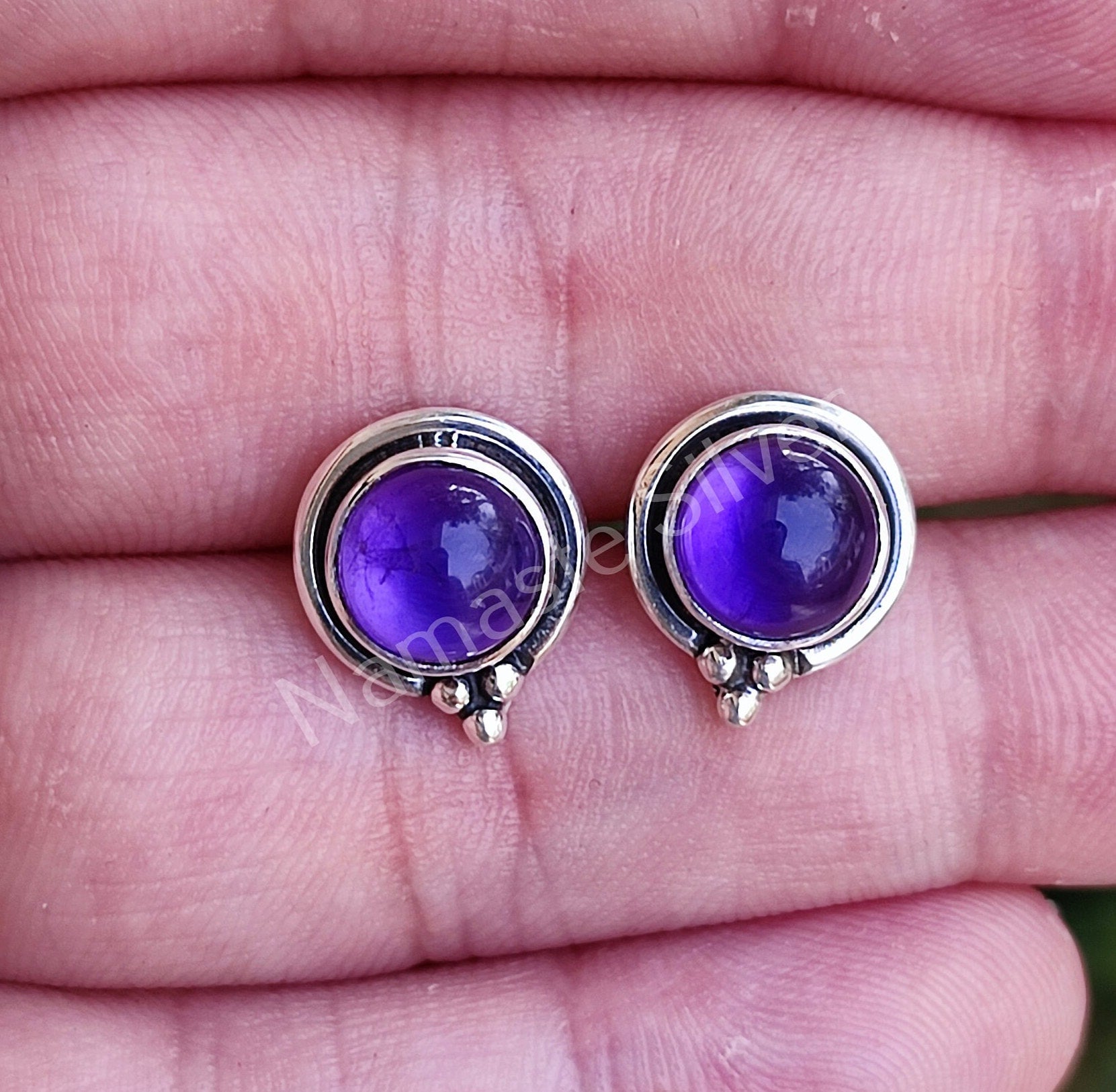 Amethyst Stud Earrings - Amethyst Silver Earrings - Purple Gemstone Handmade Sterling Silver Earrings - Amethyst Round Studs - Gift for Her