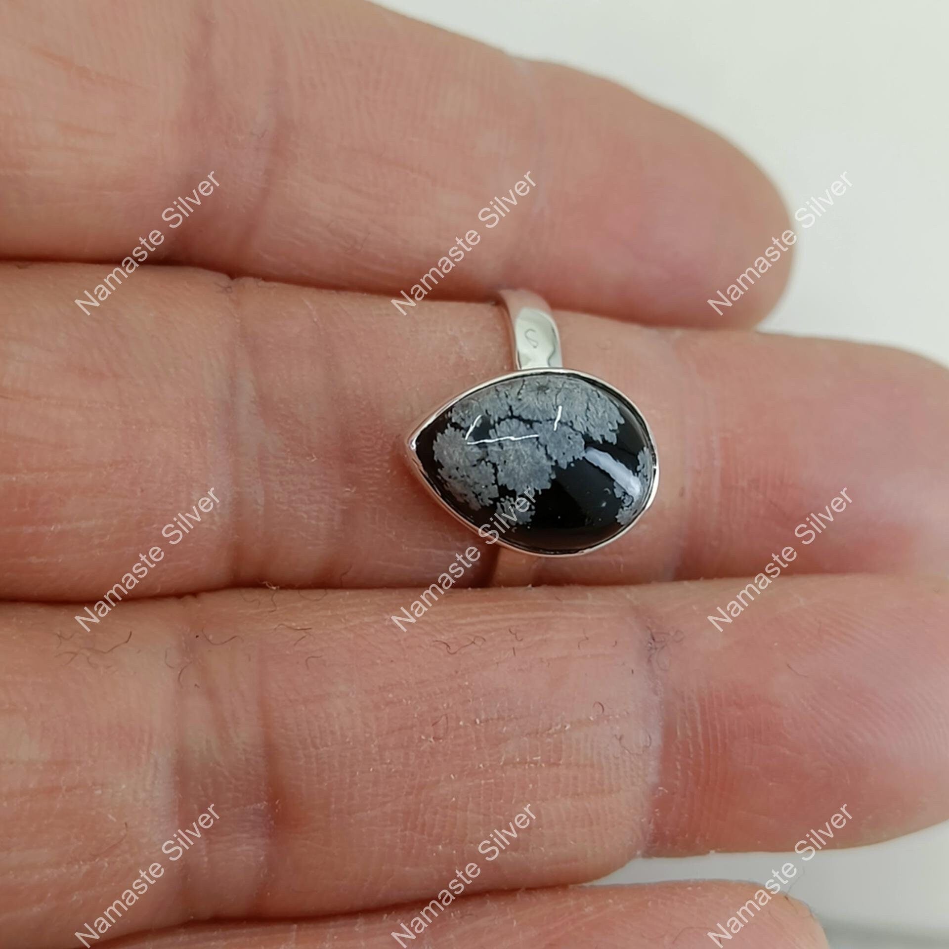 Snowflake Obsidian Ring, 925 Sterling Silver Promise Ring, Natural Black Gemstone Handmade Boho Jewelry, Gift For Her Birthday Anniversary