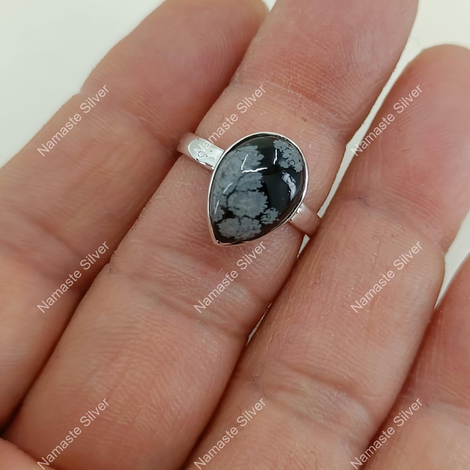 Snowflake Obsidian Ring, 925 Sterling Silver Promise Ring, Natural Black Gemstone Handmade Boho Jewelry, Gift For Her Birthday Anniversary