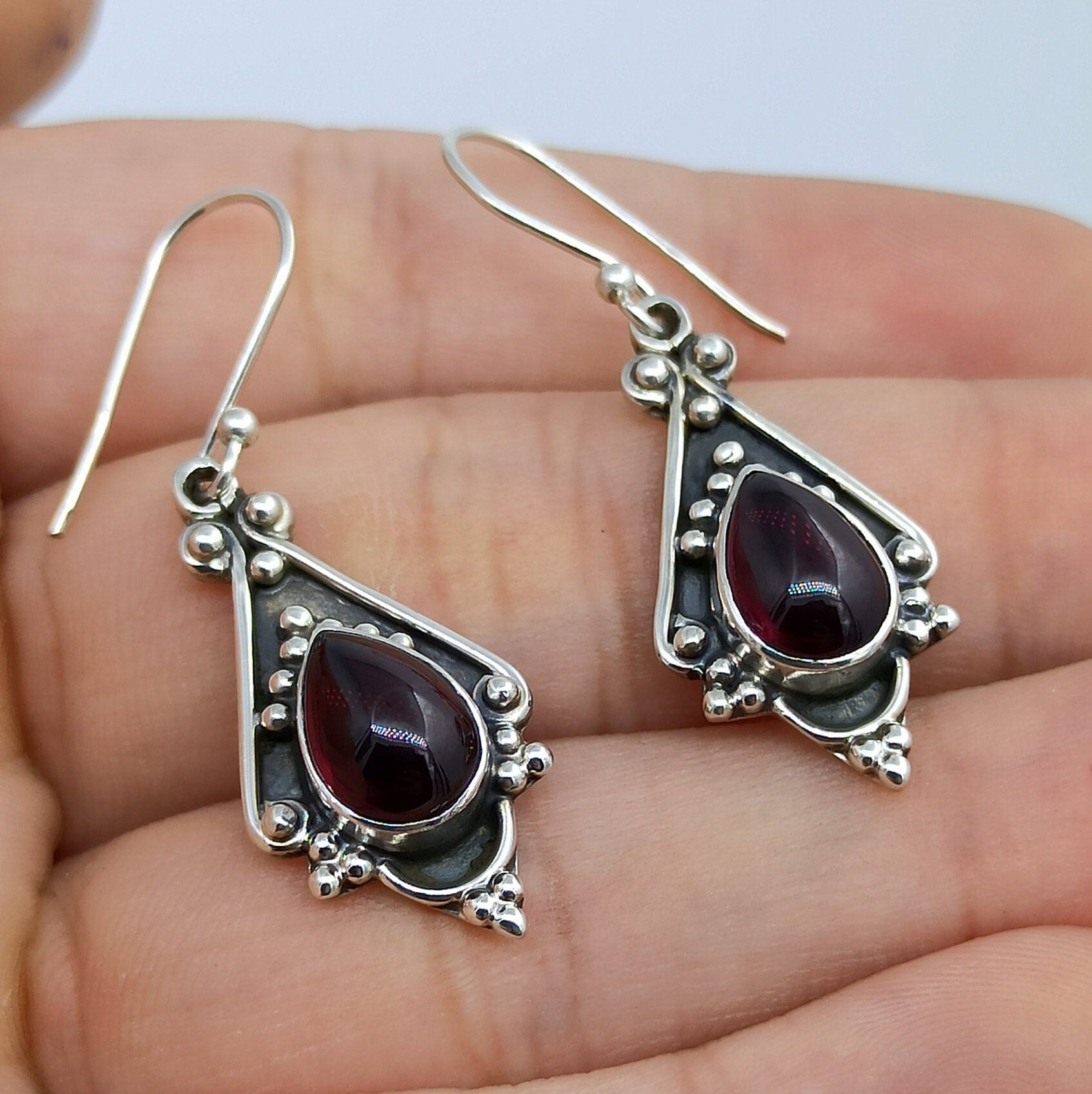 Natural Garnet Pear shape 925 Sterling Silver Handmade Dangle Drop Women Earrings, Gift for her, Garnet Silver Earrings for Women