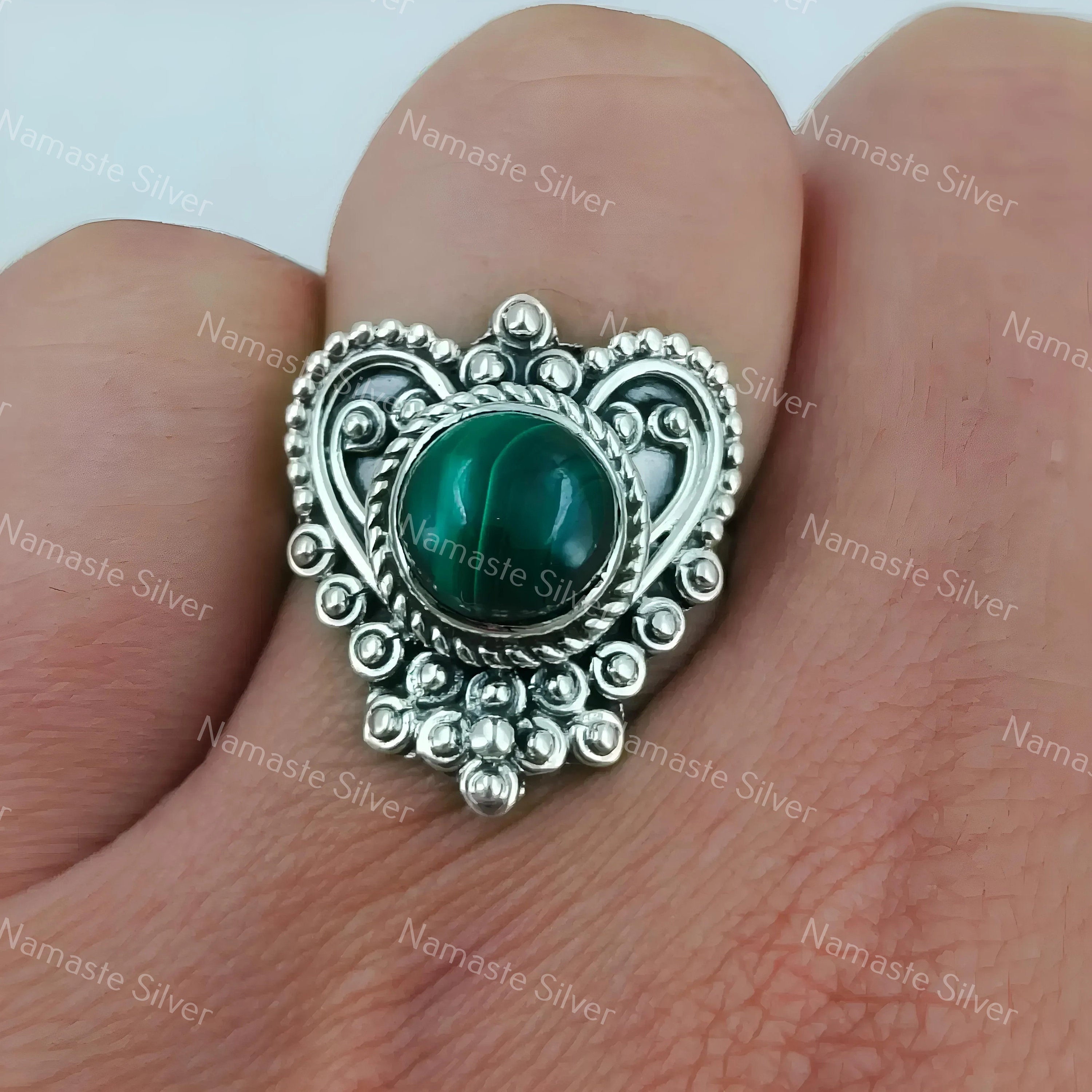 Natural Malachite Ring | 925 Sterling Silver Statement Ring | Handmade Jewelry for Women | Gift for Her | Boho Round Gemstone