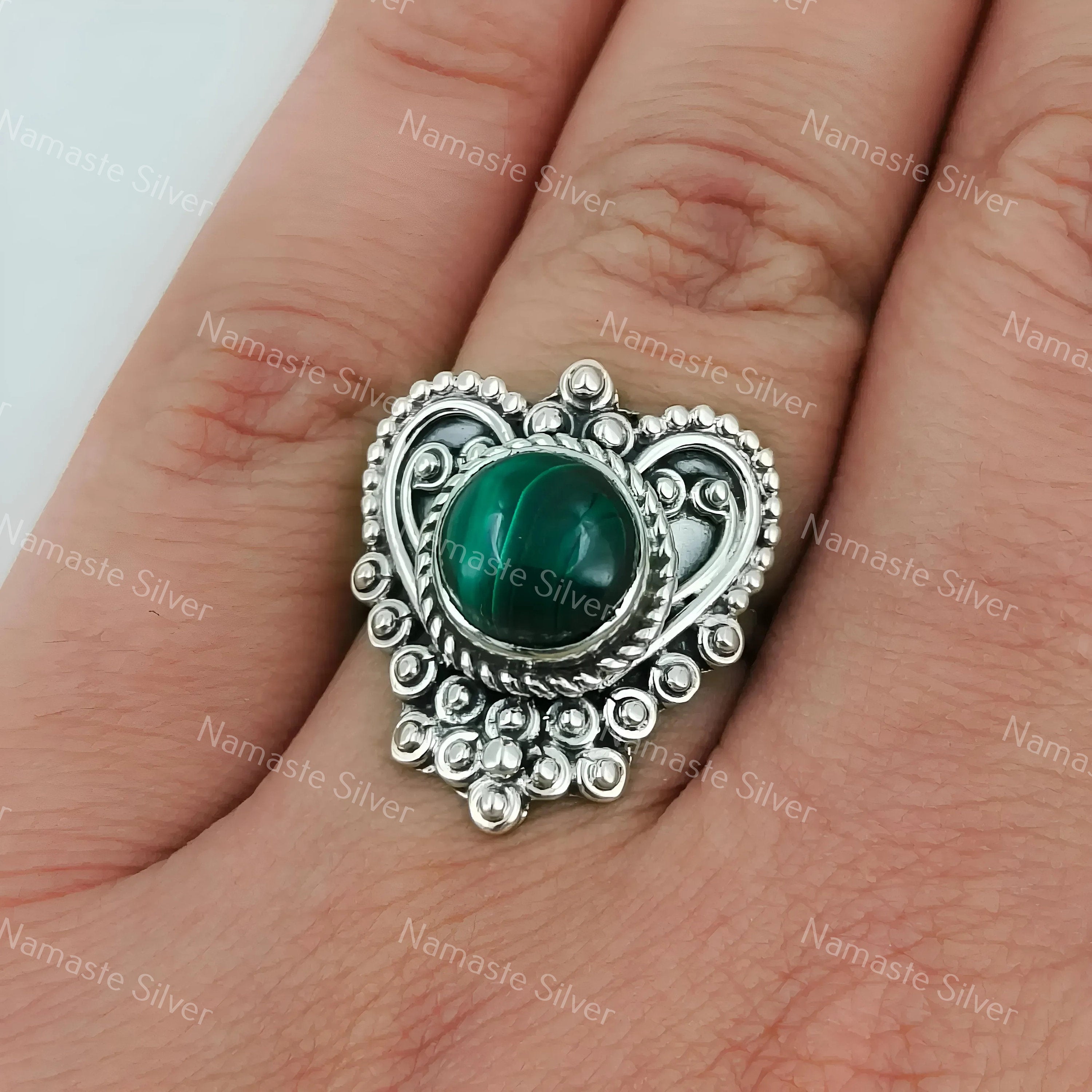 Natural Malachite Ring | 925 Sterling Silver Statement Ring | Handmade Jewelry for Women | Gift for Her | Boho Round Gemstone