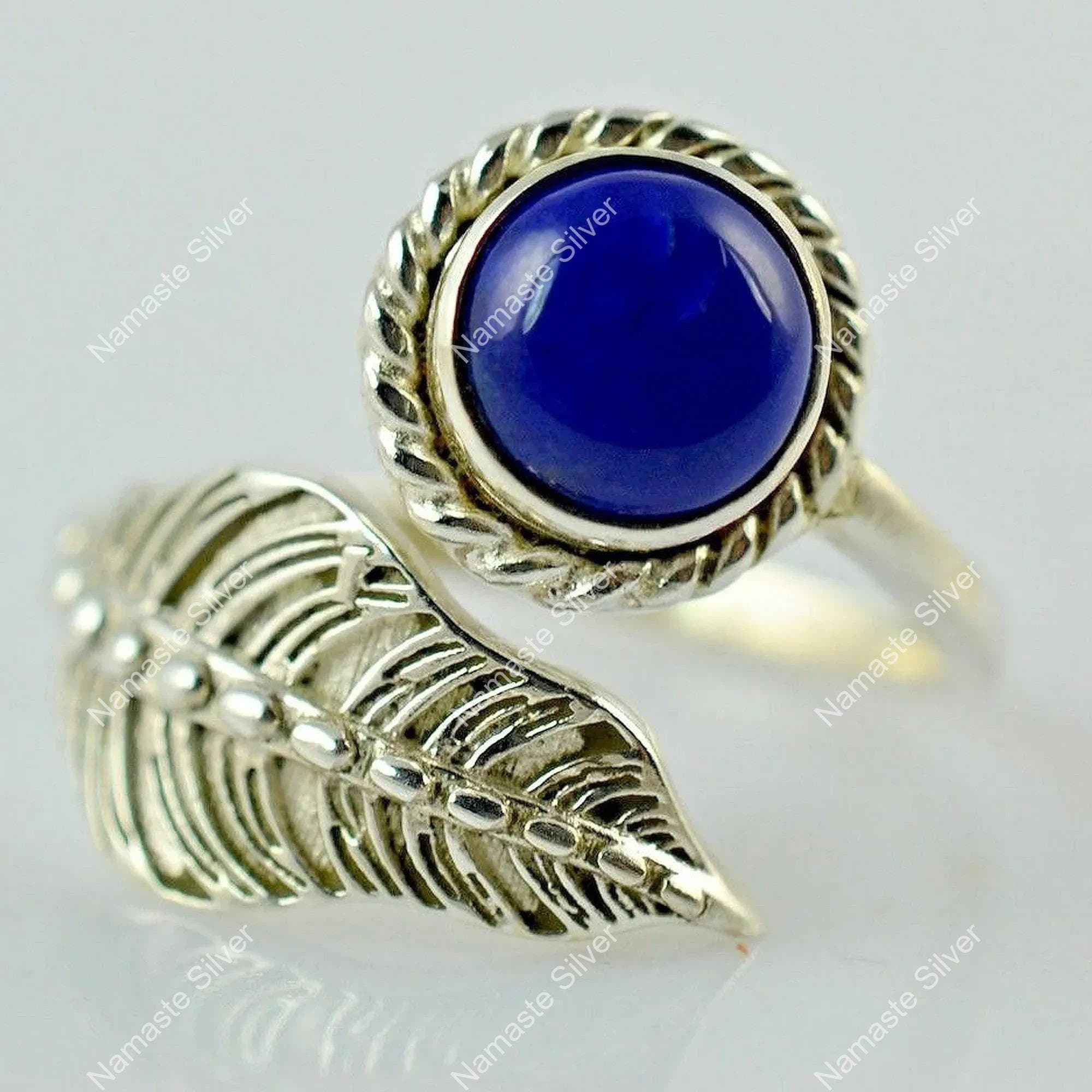 Lapis Lazuli Leaf Ring, 925 Sterling Silver Handmade Jewelry, Natural Blue Round Gemstone Promise Ring, September Birthstone, Gift for Her