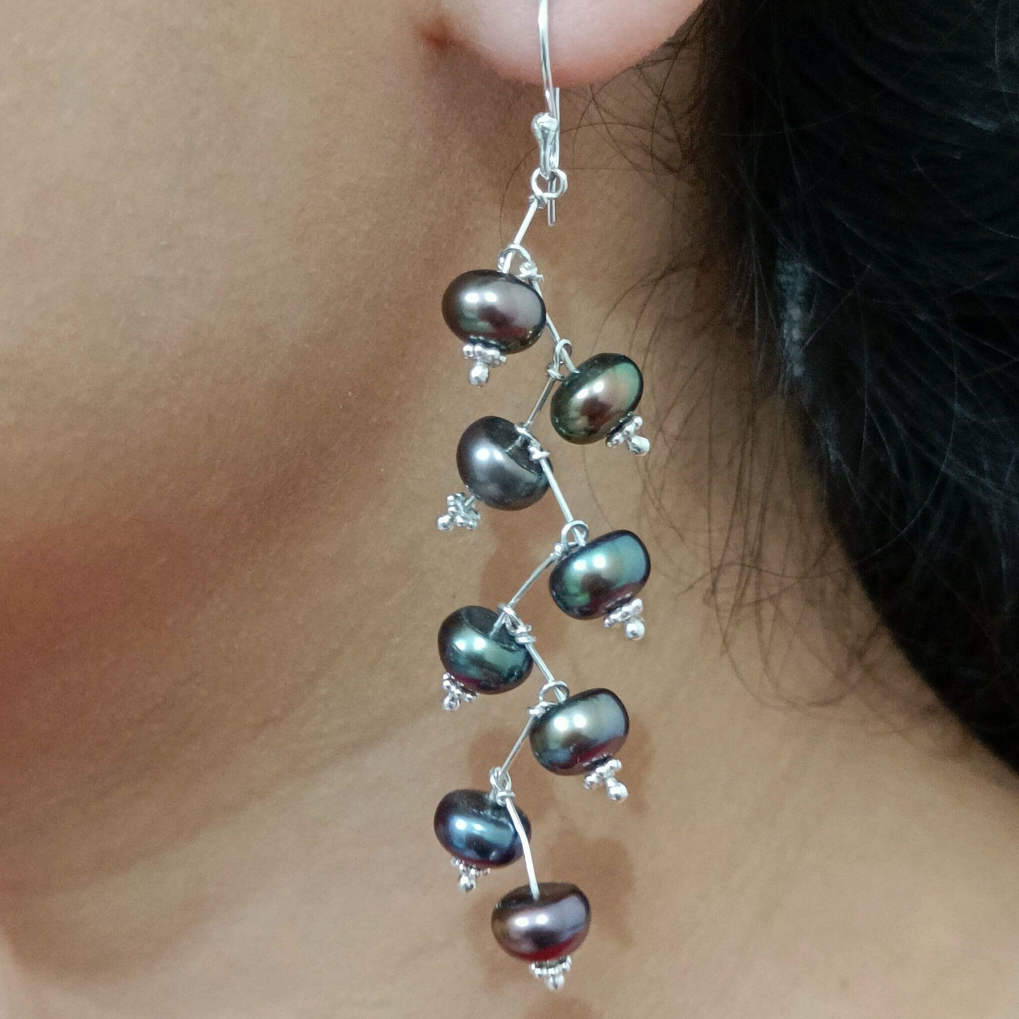 Pearl Earrings, 925 Sterling Silver Dangle Earrings, Freshwater Peacock Black Pearl Handmade Boho Jewelry, June Birthstone Gift for Her