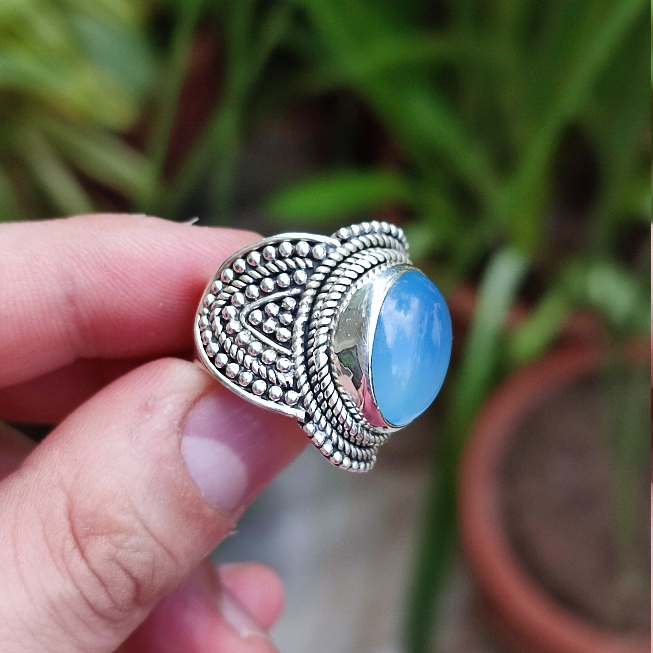 Natural Chalcedony Oval Stone Silver Ring | 925 Sterling Silver Statement Ring | Gemstone Handmade Jewelry | May Birthstone Gift for Her