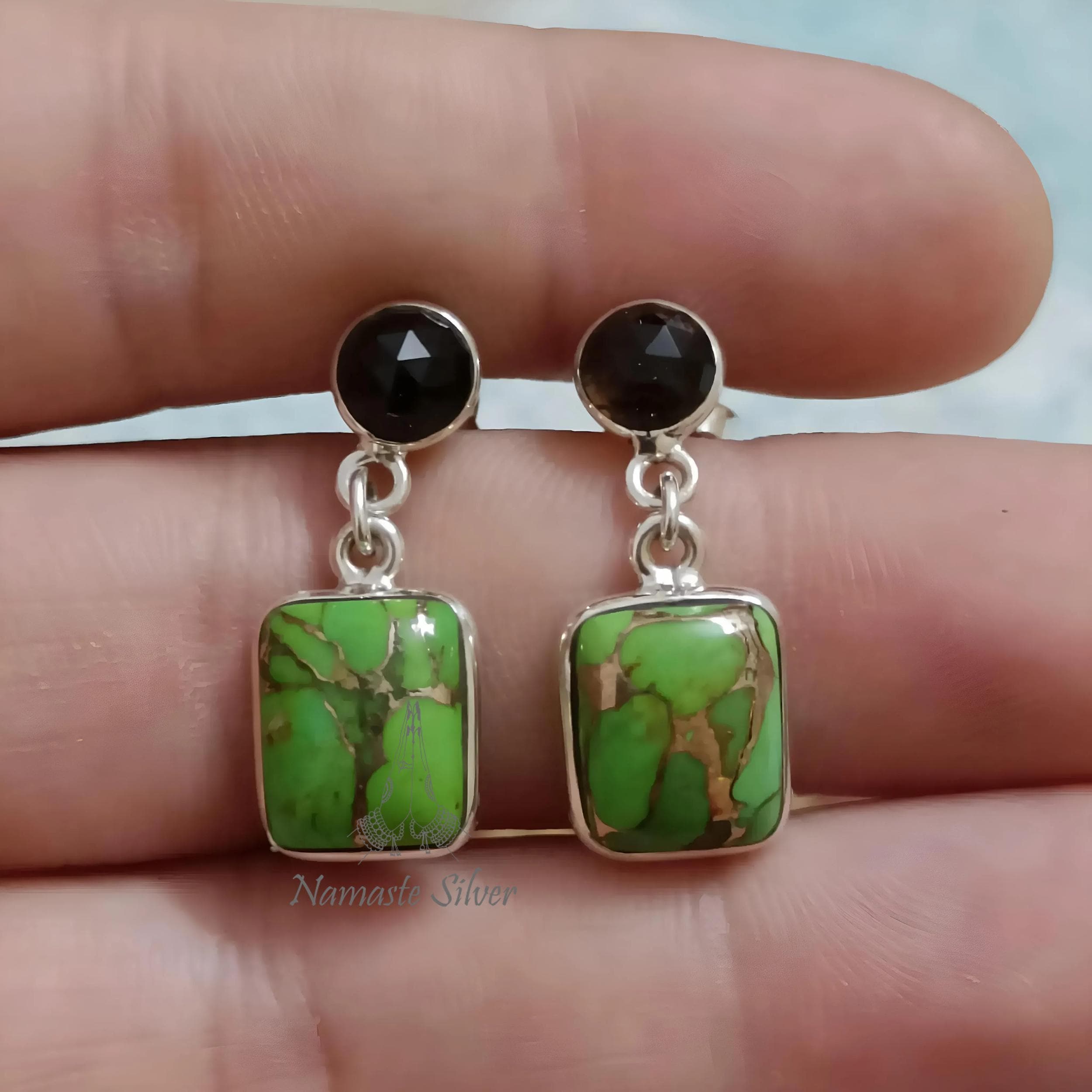 Green Turquoise Smoky Quartz Earrings, 925 Sterling Silver Dangle Earrings, Natural Dual Gemstone Handmade Boho Jewelry, Unique Gift For Her