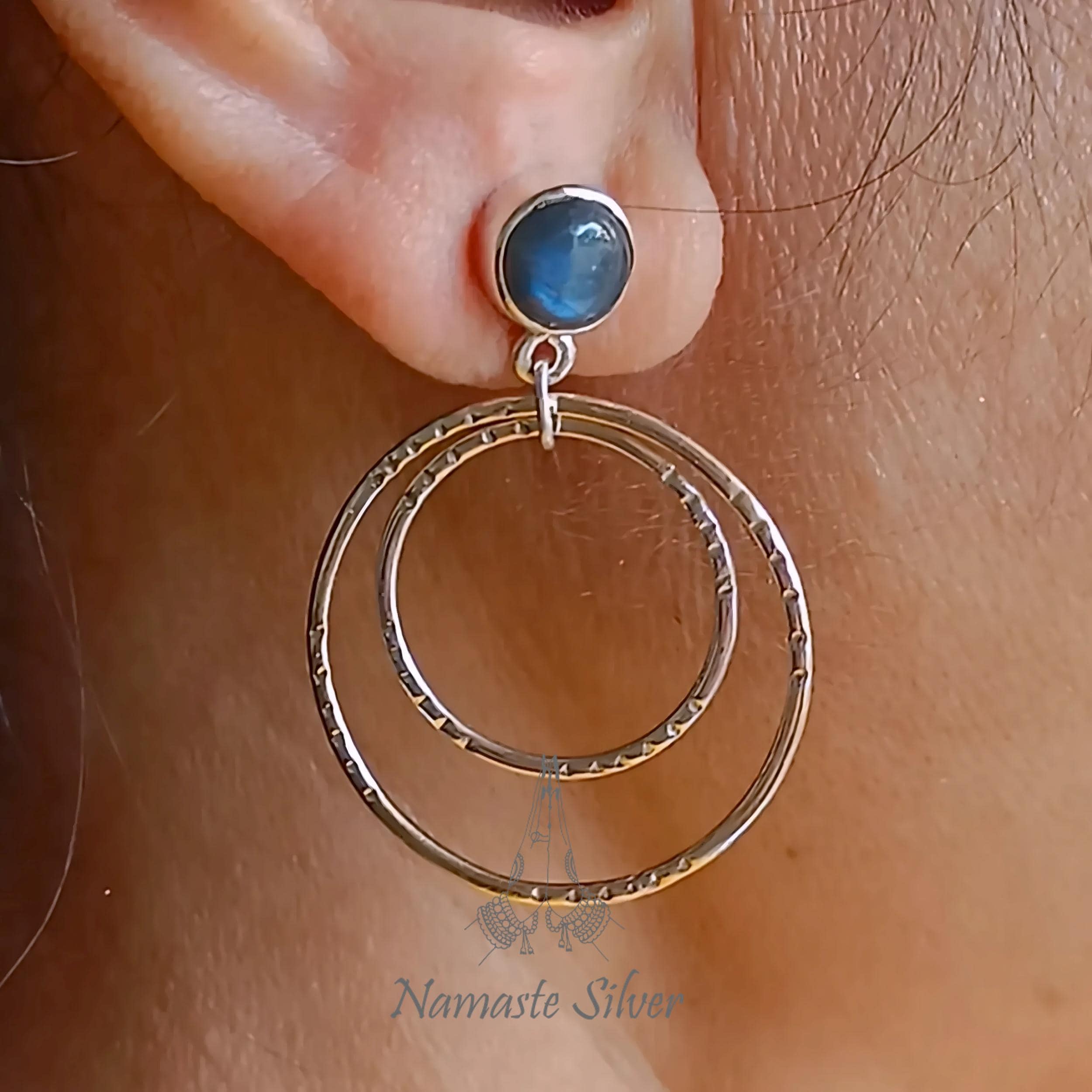 Labradorite Earrings, 925 Sterling Silver Dangle Earrings, Natural Labradorite Round Gemstone Double Hoop Earrings, Birthstone Gift for Her