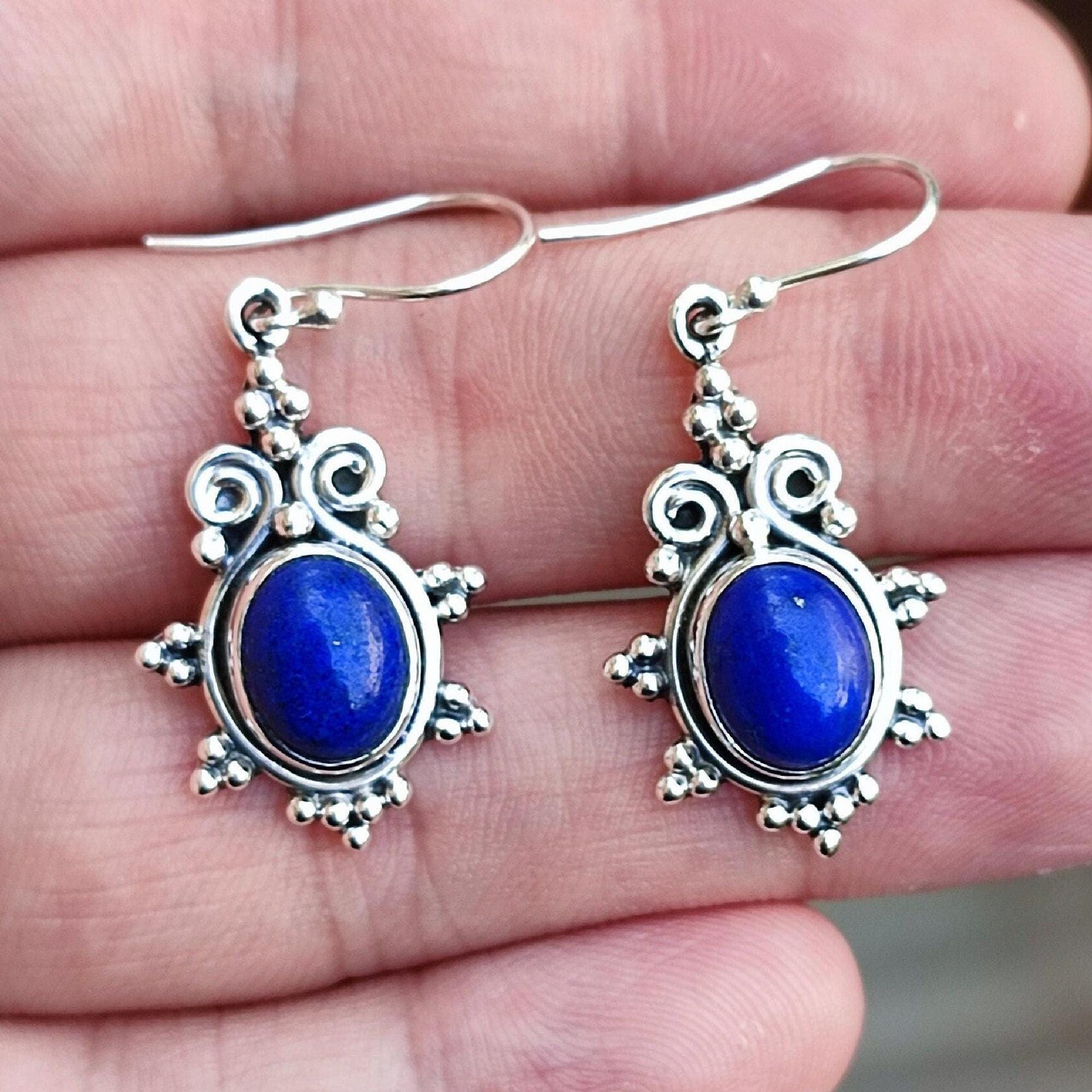 Lapis Lazuli Earrings, 925 Sterling Silver Dangle Earrings, Natural Lapis Oval Gemstone Handmade Jewelry, September Birthstone, Gift for Her