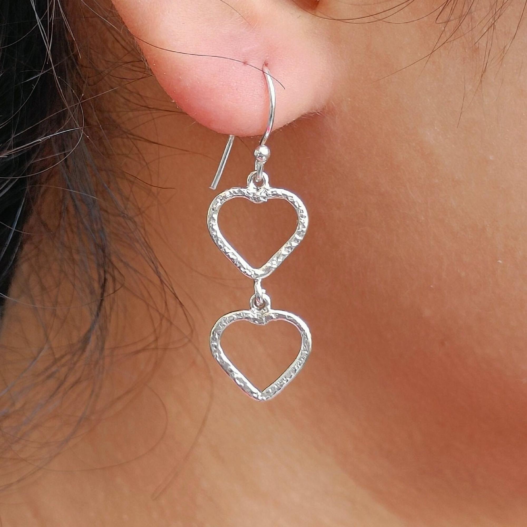 Heart Earrings, 925 Sterling Silver Dual Heart Dangle Drop Earrings, Handmade Heart Shape Jewelry, Minimalist Light Weight, Gift For Her