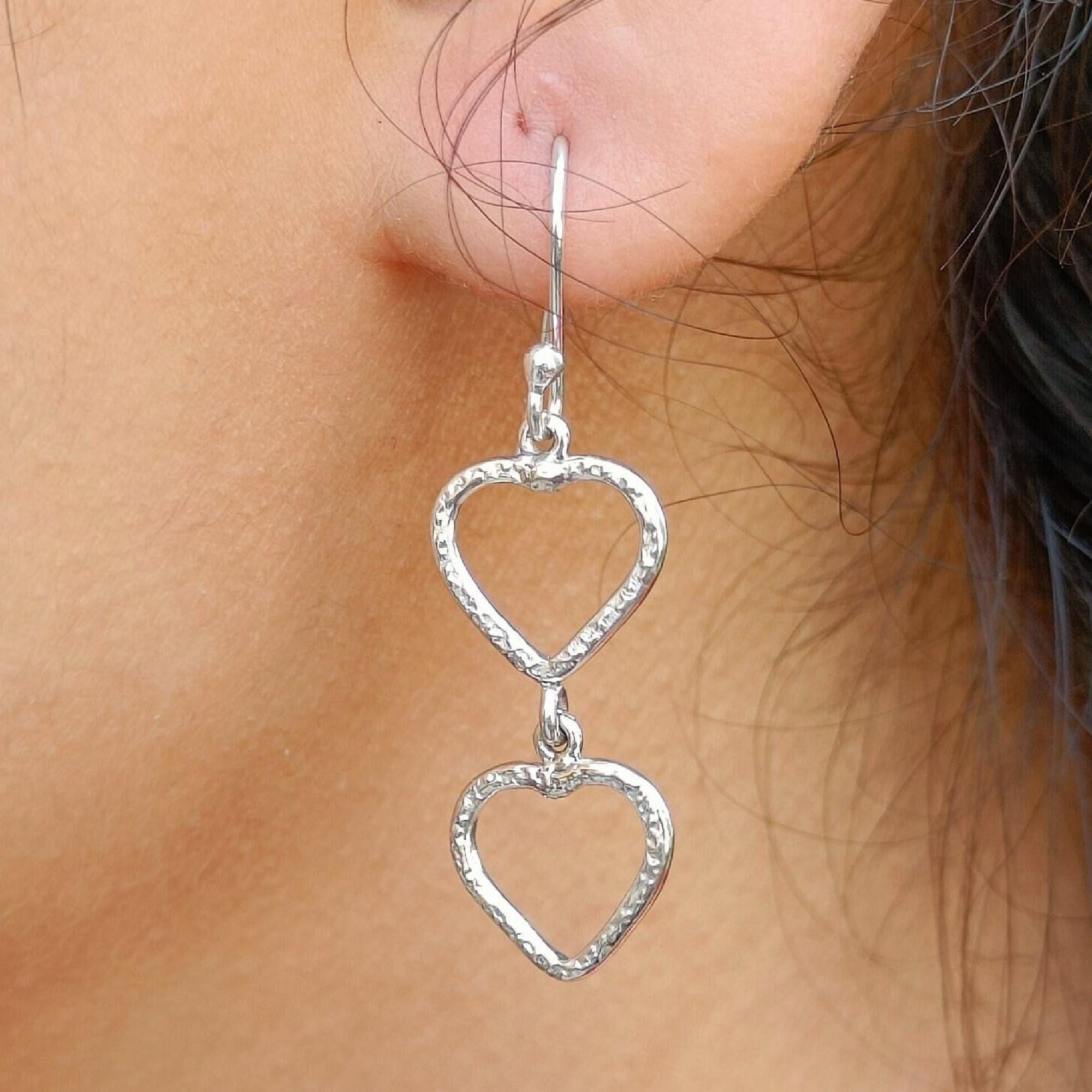 Heart Earrings, 925 Sterling Silver Dual Heart Dangle Drop Earrings, Handmade Heart Shape Jewelry, Minimalist Light Weight, Gift For Her